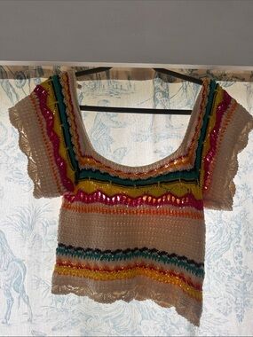 Zara Cream Crochet Crop Top with Pink, Yellow, Teal & Black Stripes